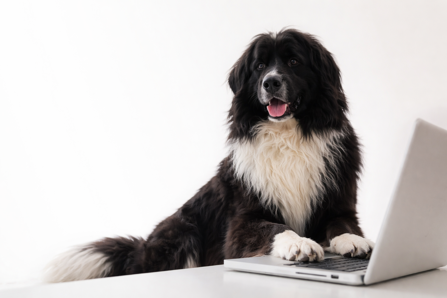 Dog sitting behind a laptop on a white background